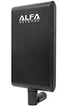 ALFA Network directional Wi‑Fi adapter standing upright on its base, shown from the front with the brand name visible.