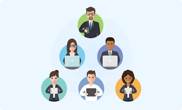 Illustration of a team collaborating on laptops and tablets