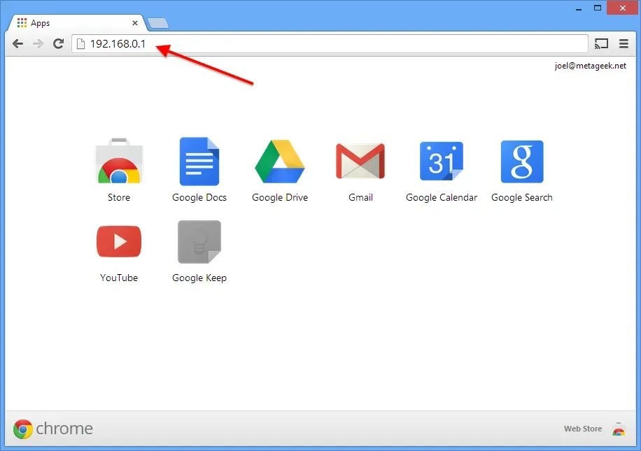 Chrome browser showing the Apps page with the address bar highlighted to demonstrate entering 192.168.0.1 to access a router’s settings.