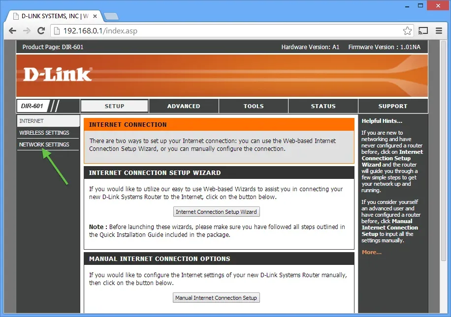 D‑Link router setup page showing internet connection options with buttons for guided setup or manual configuration.