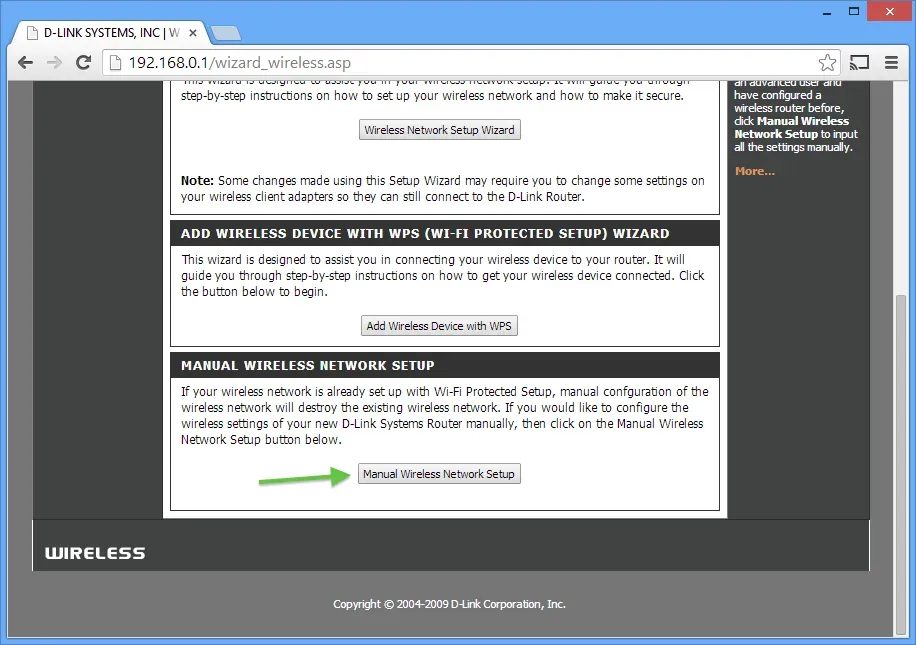 D‑Link router setup page showing options for automatic or manual wireless network configuration, with the manual setup button highlighted.