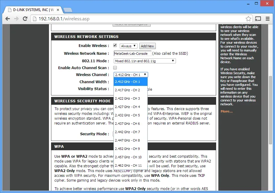 Router wireless settings page showing the dropdown menu for selecting a 2.4 GHz Wi‑Fi channel.