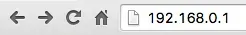 Browser window showing the address bar with 192.168.0.1 entered to access a router’s configuration page.
