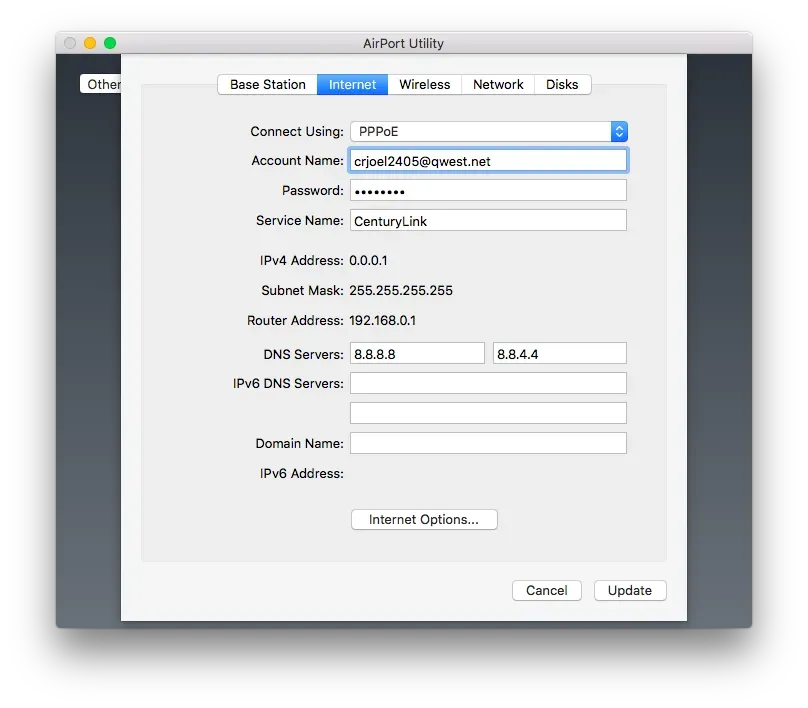 Internet Options window showing PPPoE account settings with fields for username, password, and IP configuration.