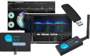 Collection of MetaGeek Wi‑Spy DBx spectrum analyzers shown alongside Chanalyzer software screens displaying Wi‑Fi spectrum graphs, heatmaps, and channel utilization.