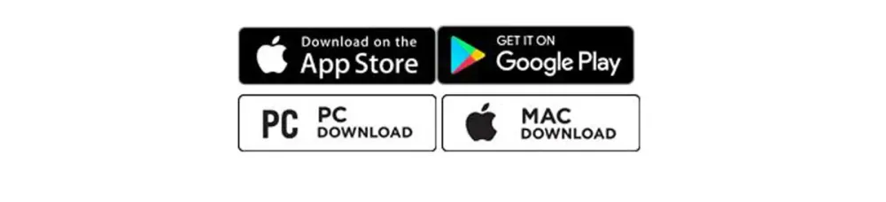 Badges indicating the availability of an app on the App Store and Google Play, along with download links for PC and Mac platforms.