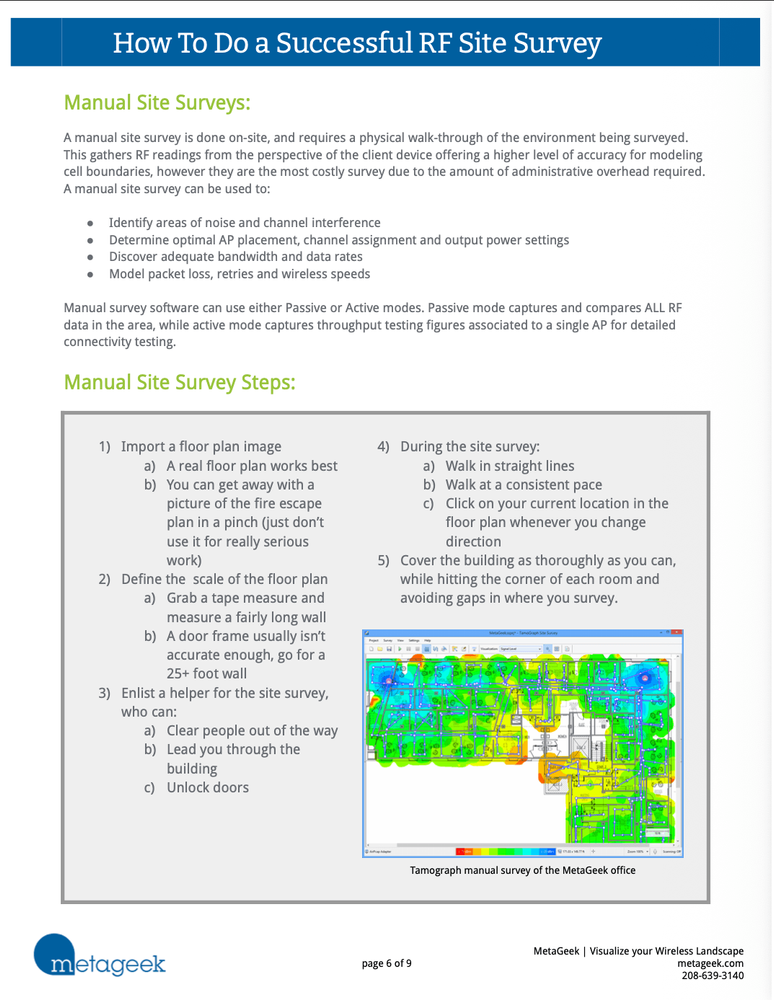 Document page explaining how to perform an RF site survey, including step‑by‑step guidance and an example heatmap showing wireless signal coverage.