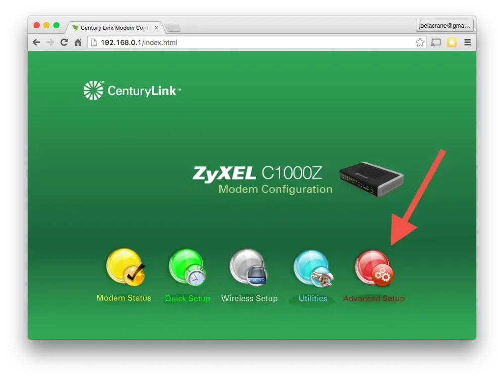 Modem interface showing the ZyXEL C1000Z home screen with icons for status, setup, wireless settings, utilities, and advanced options.