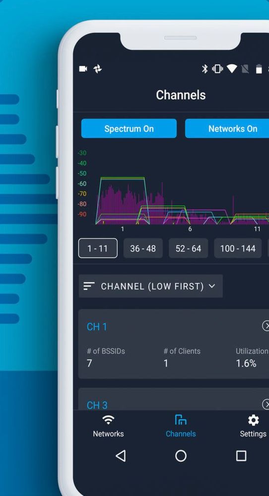 Air Viewer channel view displaying Wi‑Fi signal activity across 2.4 and 5 GHz bands with per‑channel metrics such as signal strength, channel width, and frequency.