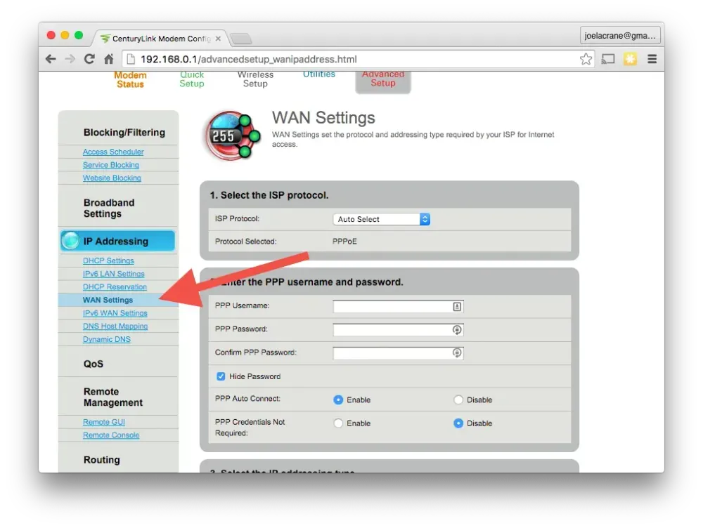 Router interface showing WAN settings with PPPoE login fields and navigation options for broadband and network configuration.