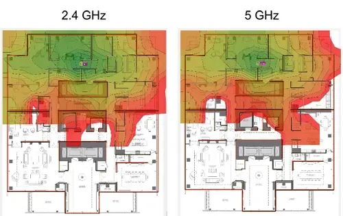 Comparison of WiFi signal strength maps for 2.4 GHz and 5 GHz frequencies, visualized as color gradients across a floor plan of a building.